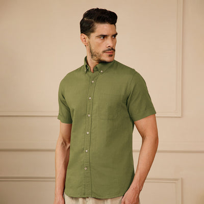 Breeze Linen Half Sleeves Shirt In Forest Green