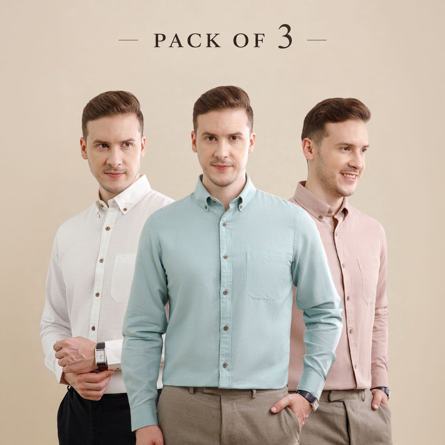 The Best-Sellers of Breeze Linen Full Sleeves - 3 Shirt Pack - Ivory, Seaweed & Wood Rose
