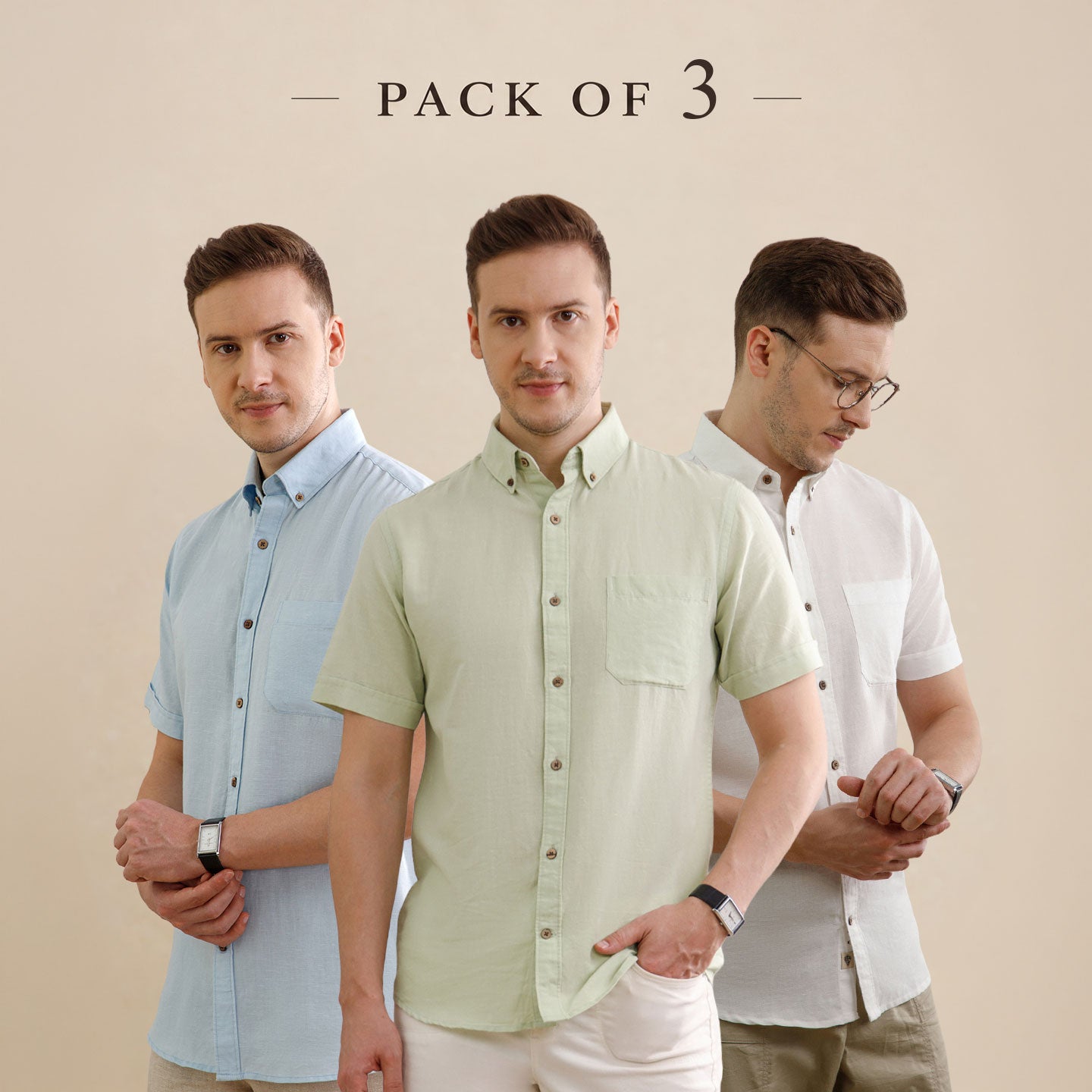 The Best-Sellers of Breeze Linen Half Sleeves - 3 Shirt Pack - Powder Blue, Grass & Snow