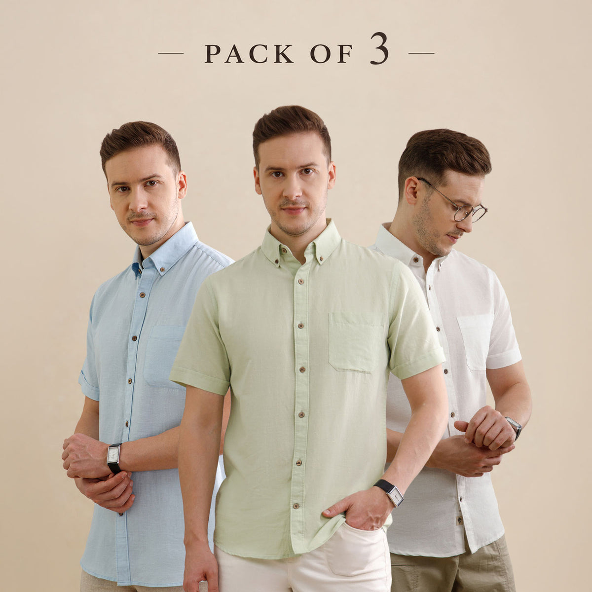 The Best-Sellers of Breeze Linen Half Sleeves - 3 Shirt Pack - Powder Blue, Grass & Snow