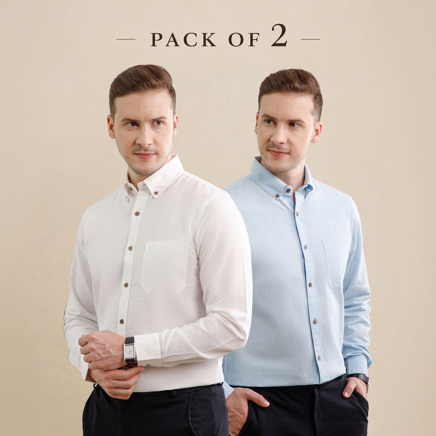 The Best Sellers of Breeze Linen Full Sleeves - 2 Shirt Pack - Baby Blue & Ivory
