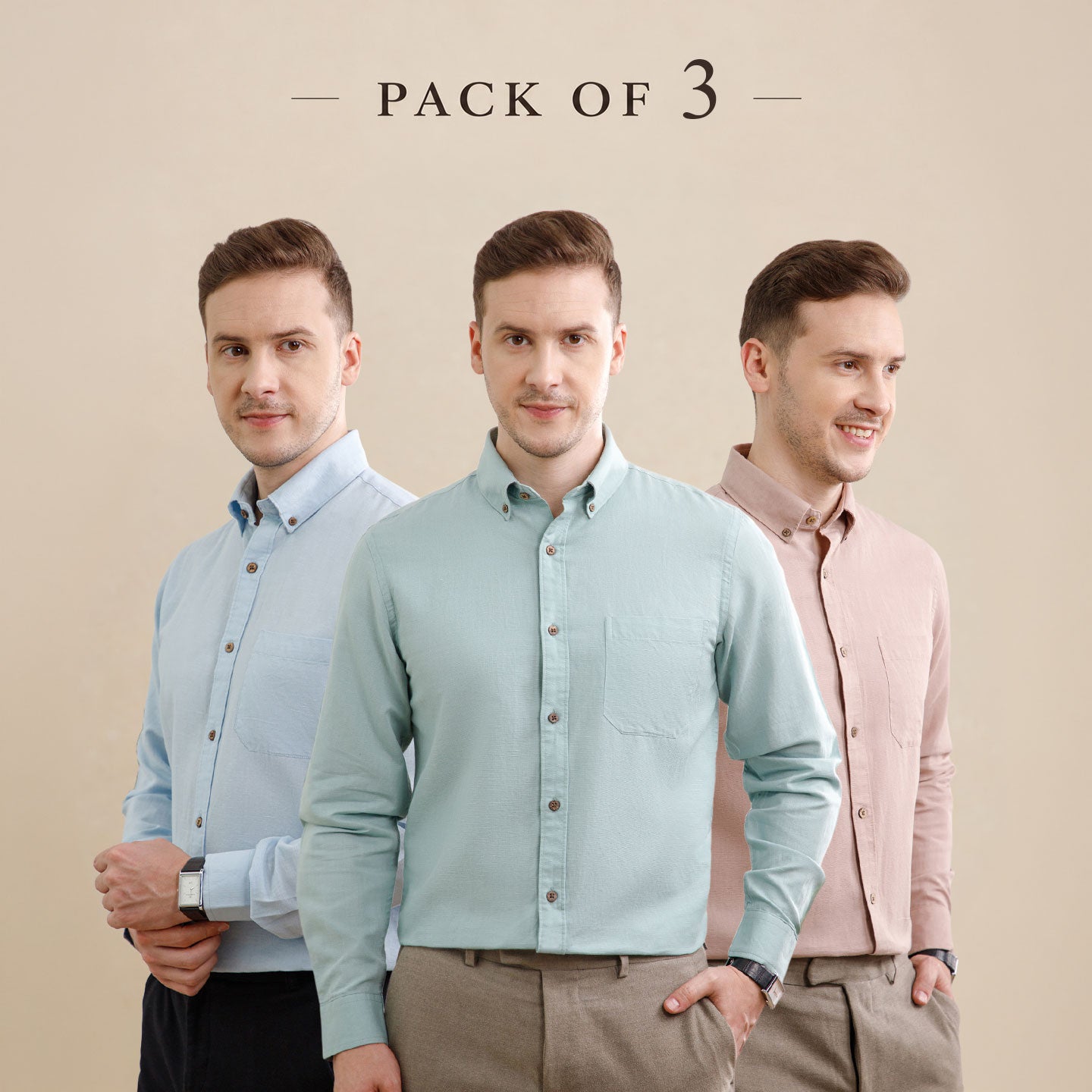 The Best-Sellers of Breeze Linen Full Sleeves - 3 Shirt Pack - Baby Blue, Seaweed & Wood Rose