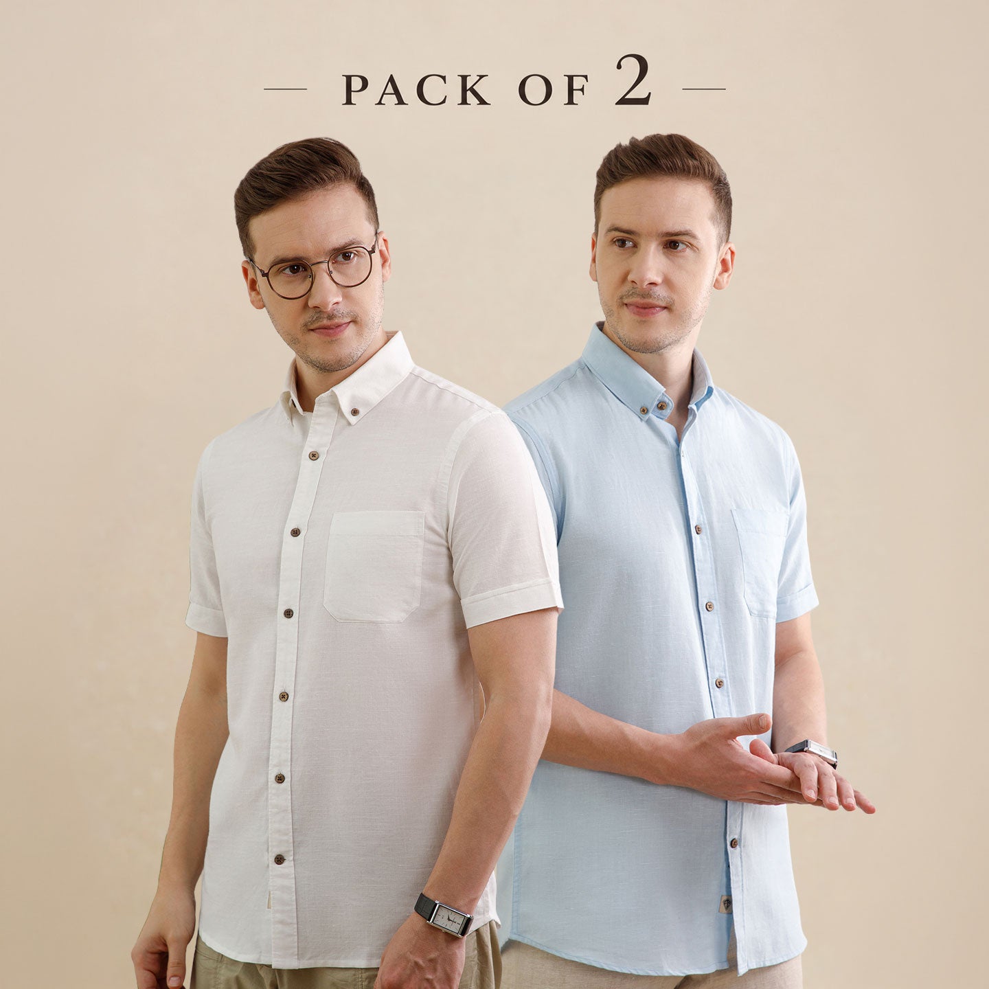 The Best Sellers of Breeze Linen Half Sleeves - 2 Shirt Pack - Powder Blue & Snow