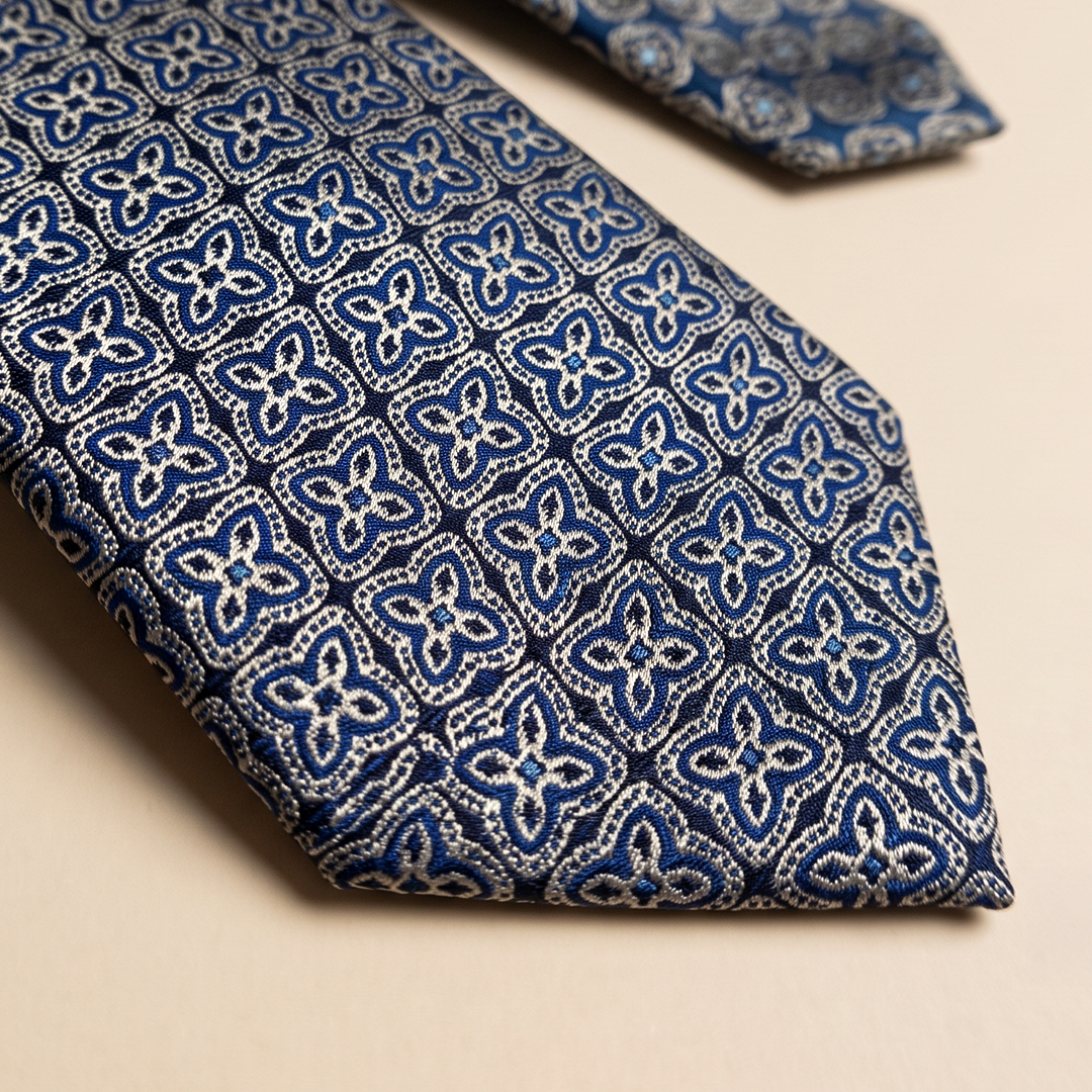 Heritage Geometric Handmade Tie & Pocket Square In Navy/Indigo