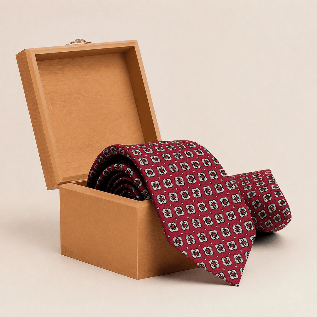 Majestic Petals Handmade Tie & Pocket Square in Red/Ecru
