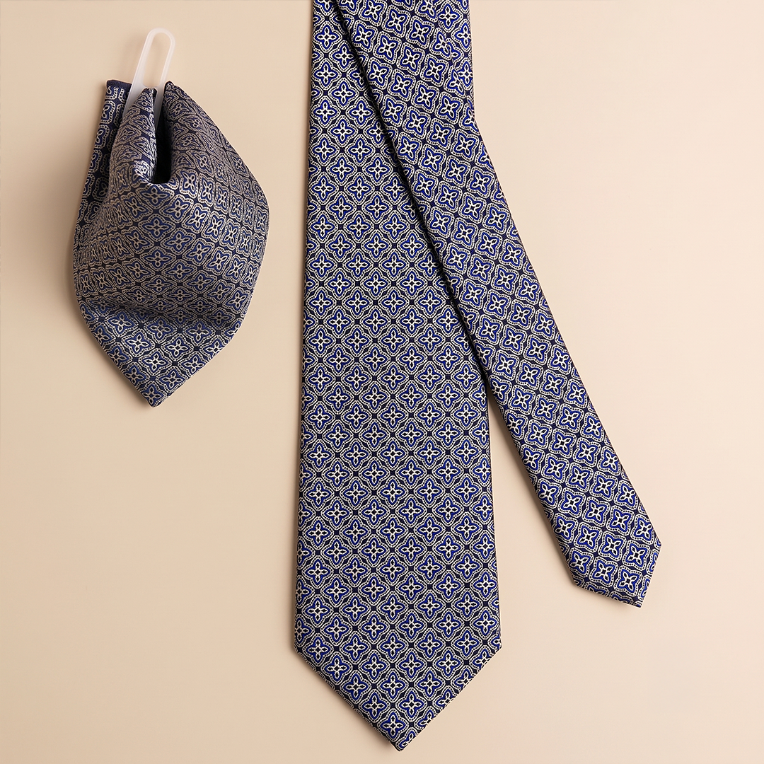 Heritage Geometric Handmade Tie & Pocket Square In Navy/Indigo