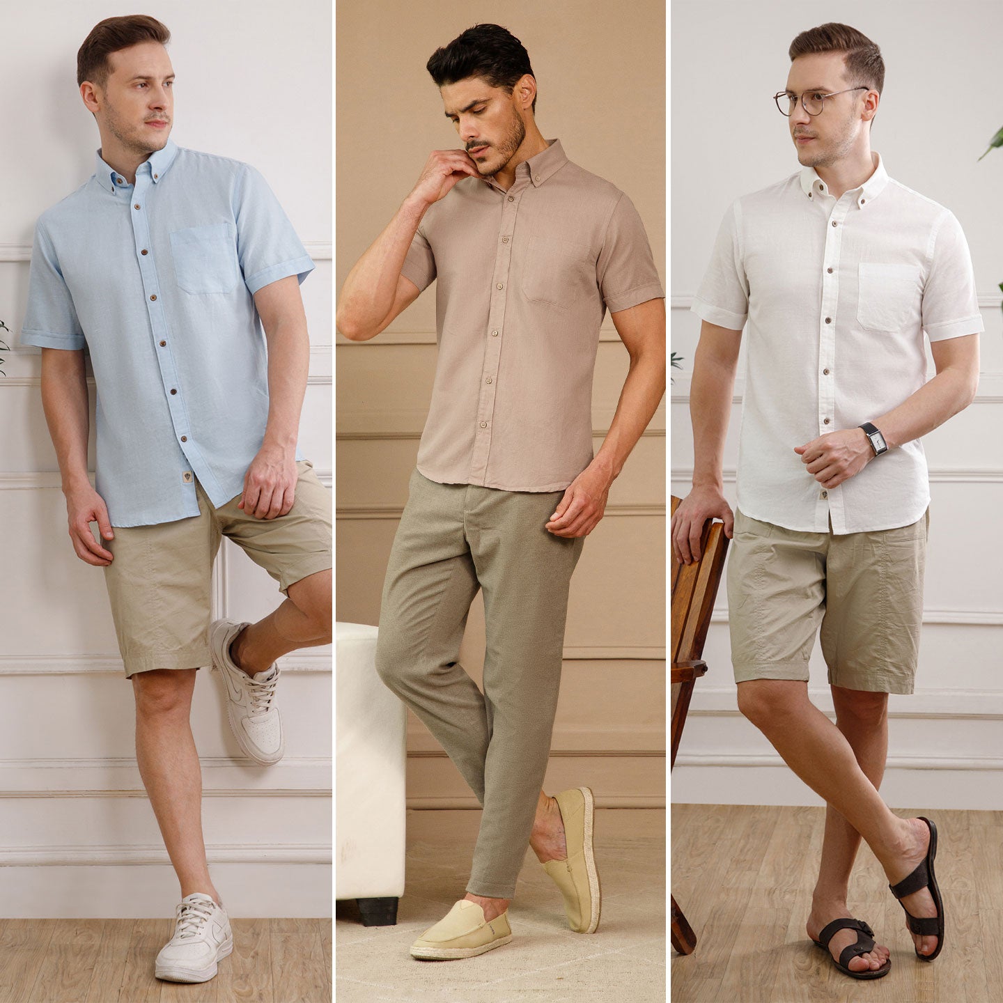 The Best-Sellers of Breeze Linen Half Sleeves - 3 Shirt Pack - Powder Blue, Velvet rose & Snow