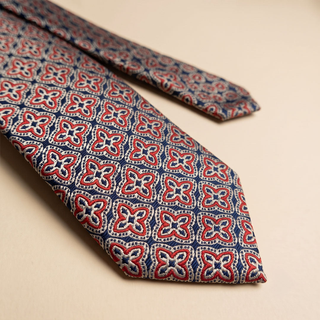 Heritage Geometric Handmade Tie & Pocket Square in Red & Navy