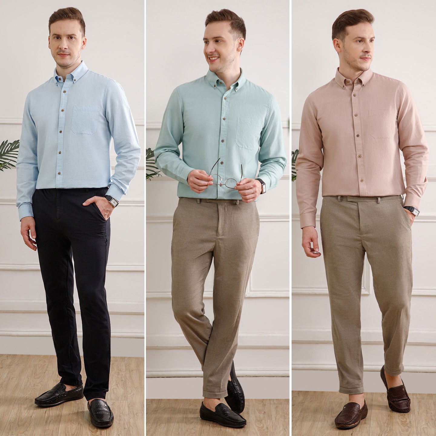 The Best-Sellers of Breeze Linen Full Sleeves - 3 Shirt Pack - Baby Blue, Seaweed & Wood Rose