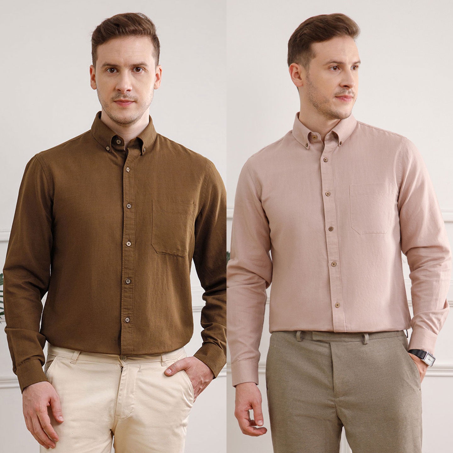 The Best Sellers of Breeze Linen Full Sleeves - 2 Shirt Pack - Mocha & Wood Rose