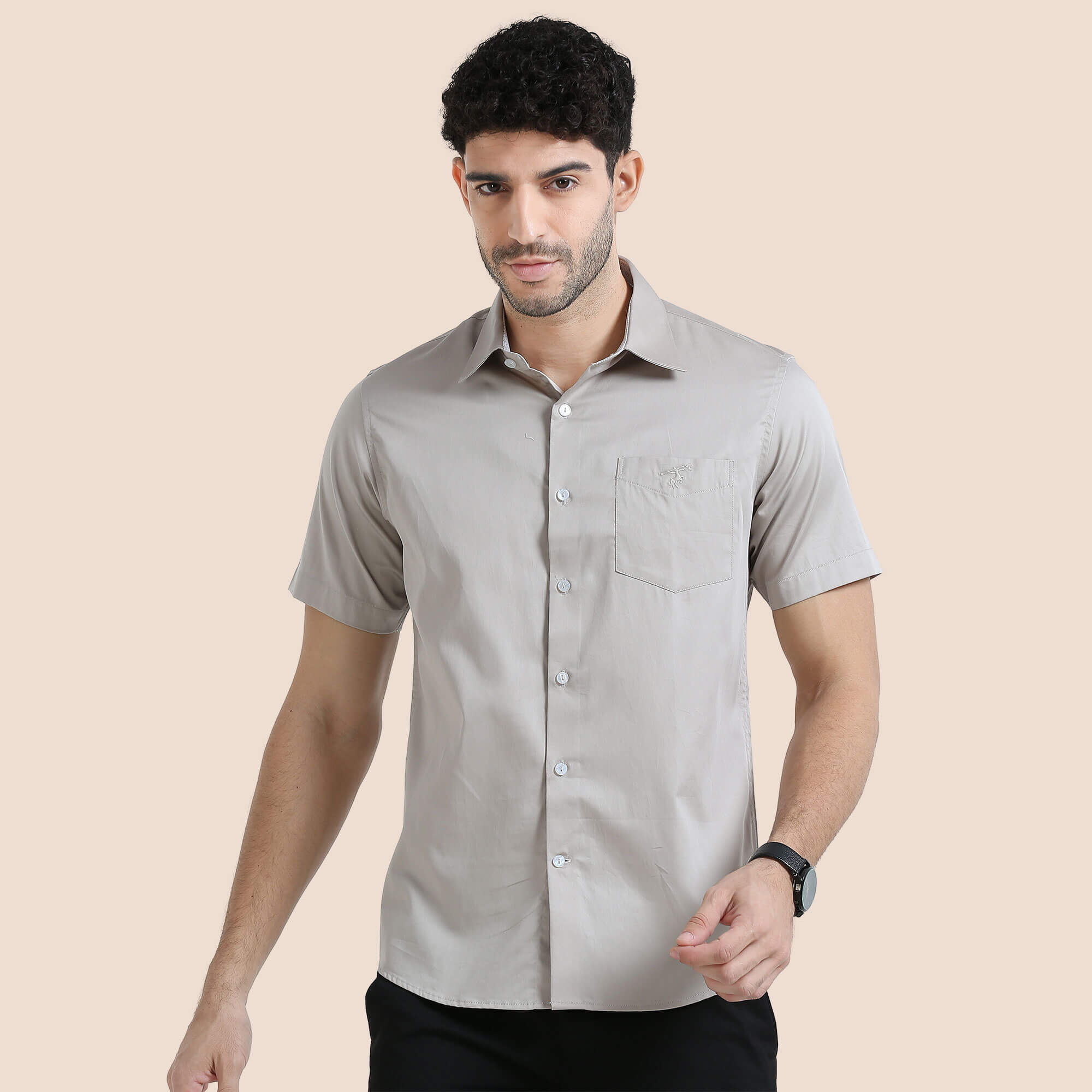 Buy Men Ashley Half Sleeve Giza Cotton Shirt In Mushroom Online