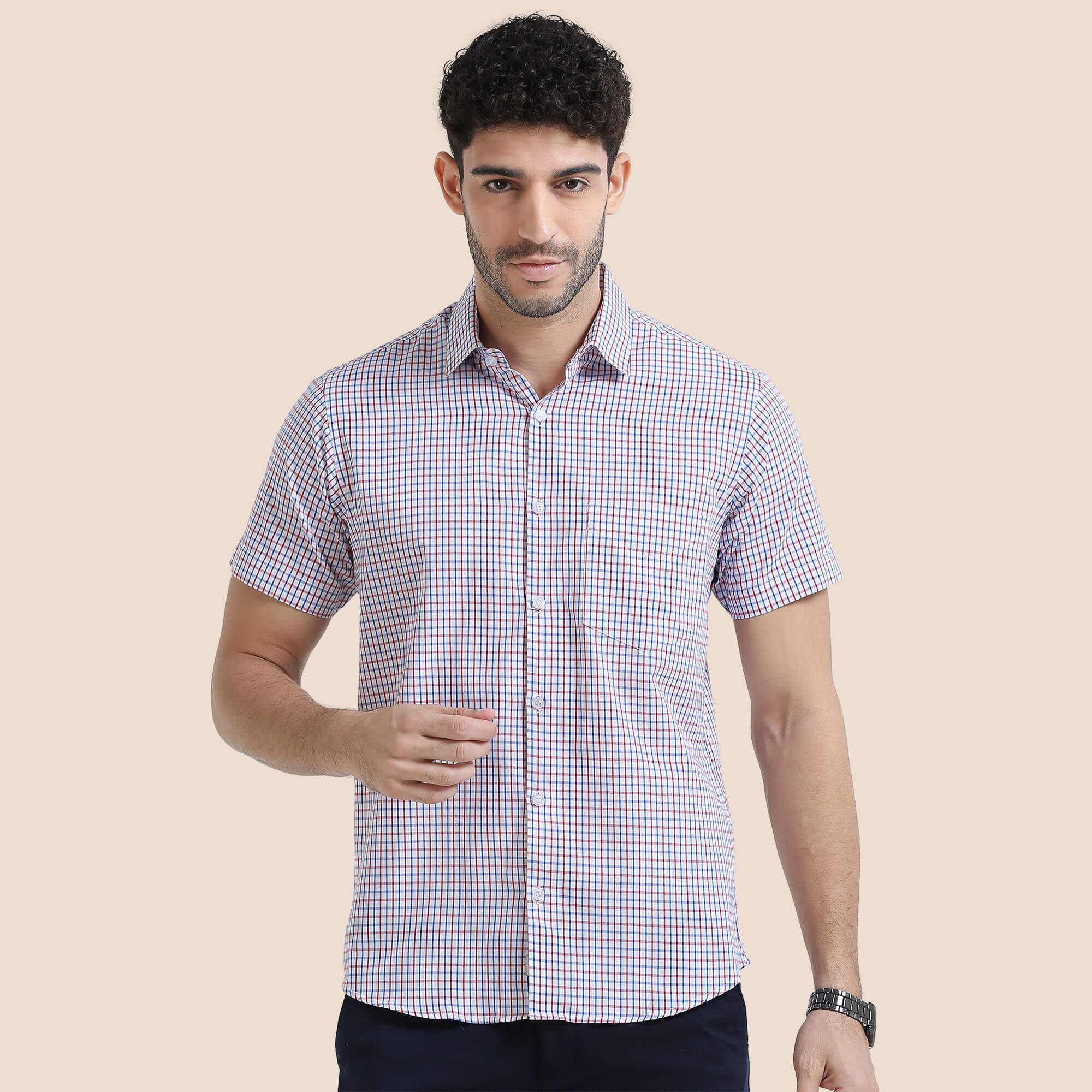 Ashley Half Sleeve Check Shirt In Zephyr Red/Blue