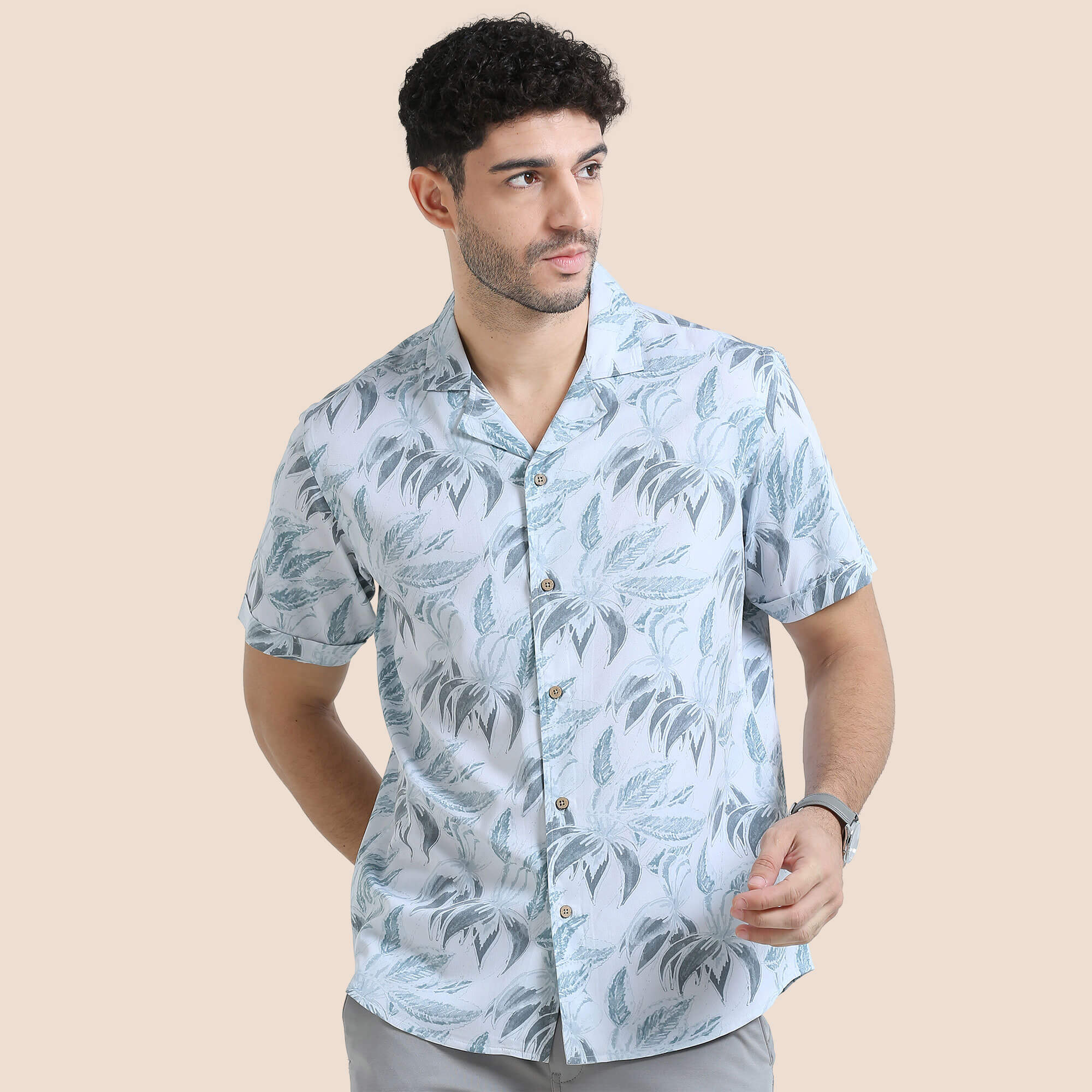 Vacay Cuban Collar Half Sleeve Shirt In Blue Leaf
