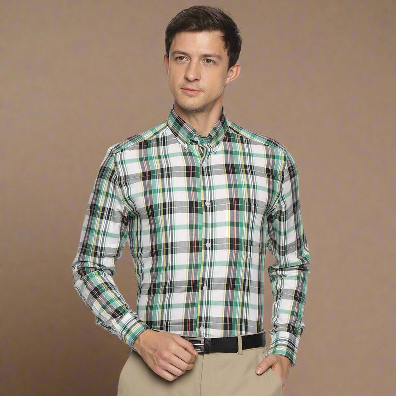 Maverick Cotton Check Shirt In Green & White