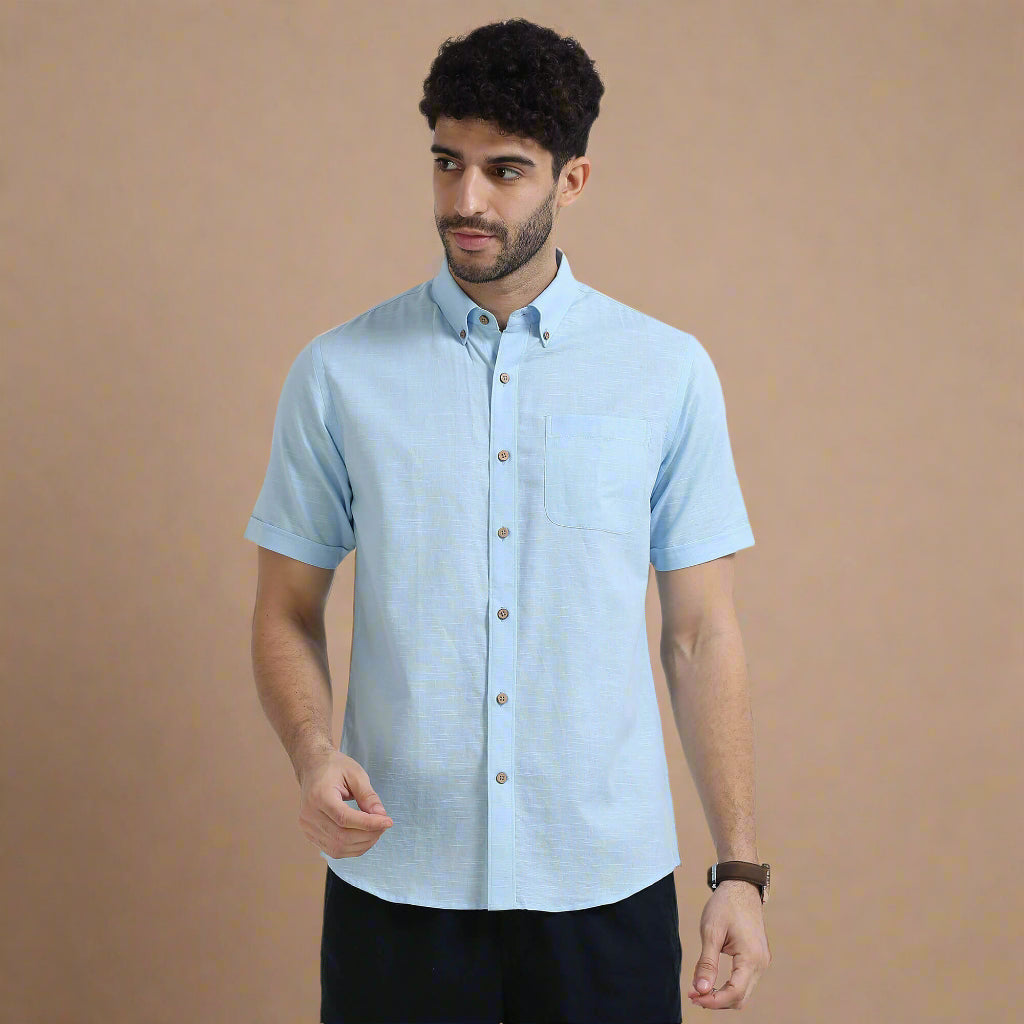 Powder blue linen half sleeve shirt by TFC
