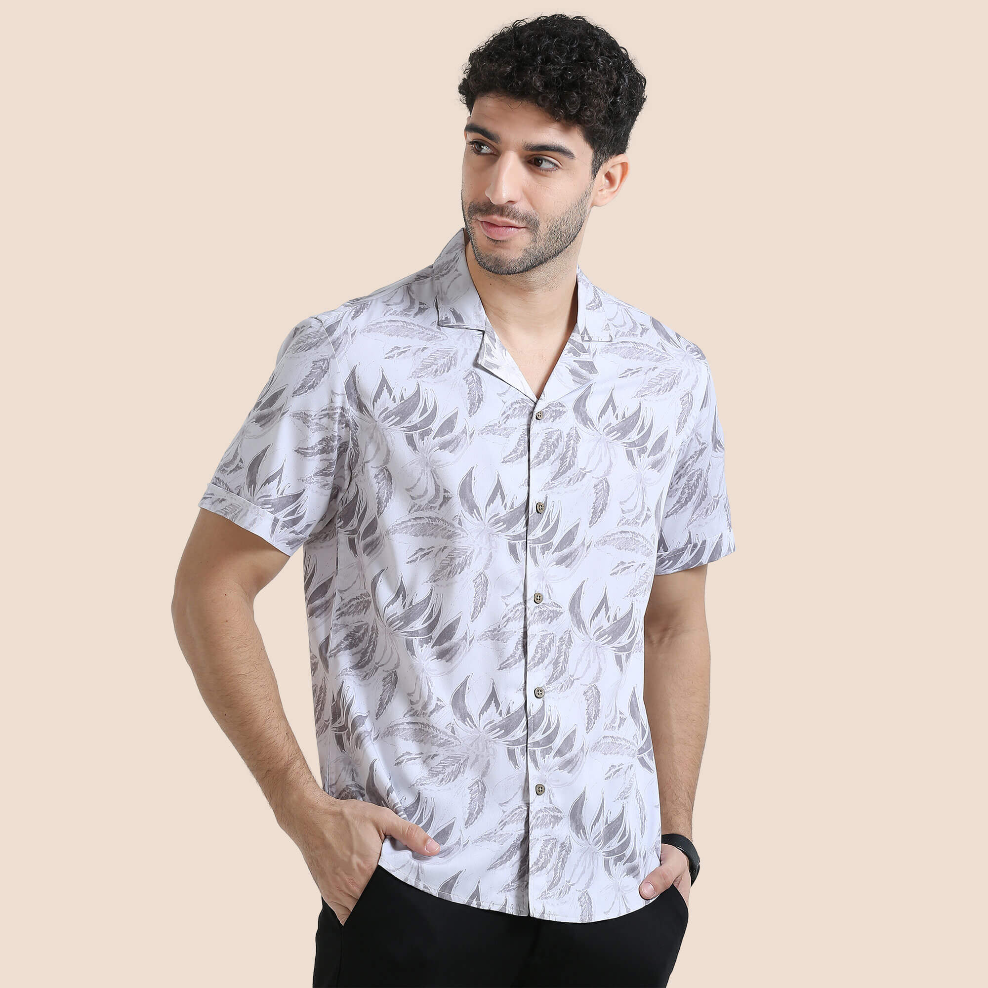 Vacay Cuban Collar Half Sleeve Shirt In Grey Leaf