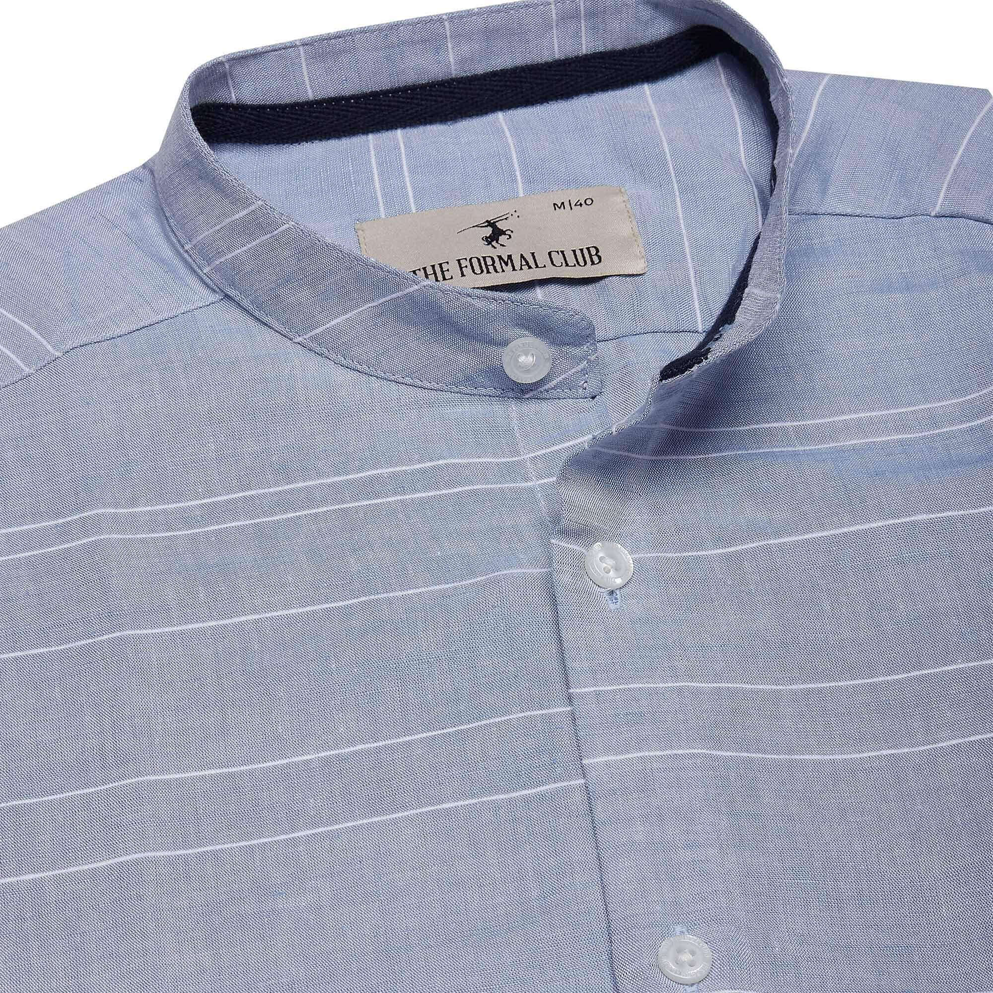 Skyline Stripes Mandarin Shirt In Navy Blue