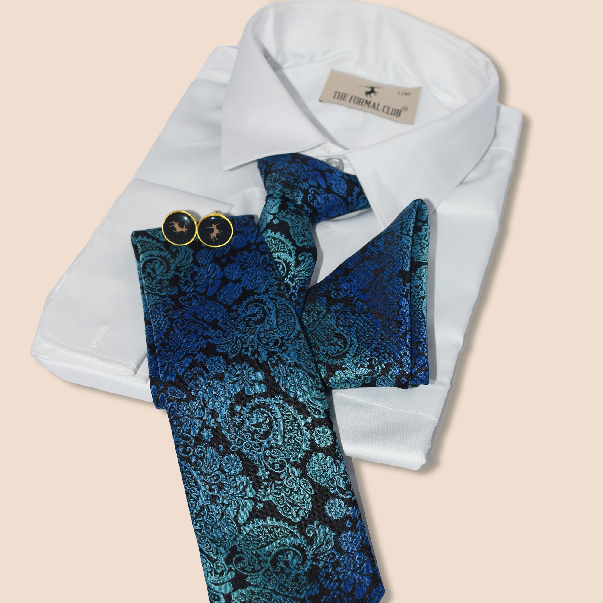 Blue Paisley handmade Necktie and Pocket Square Set