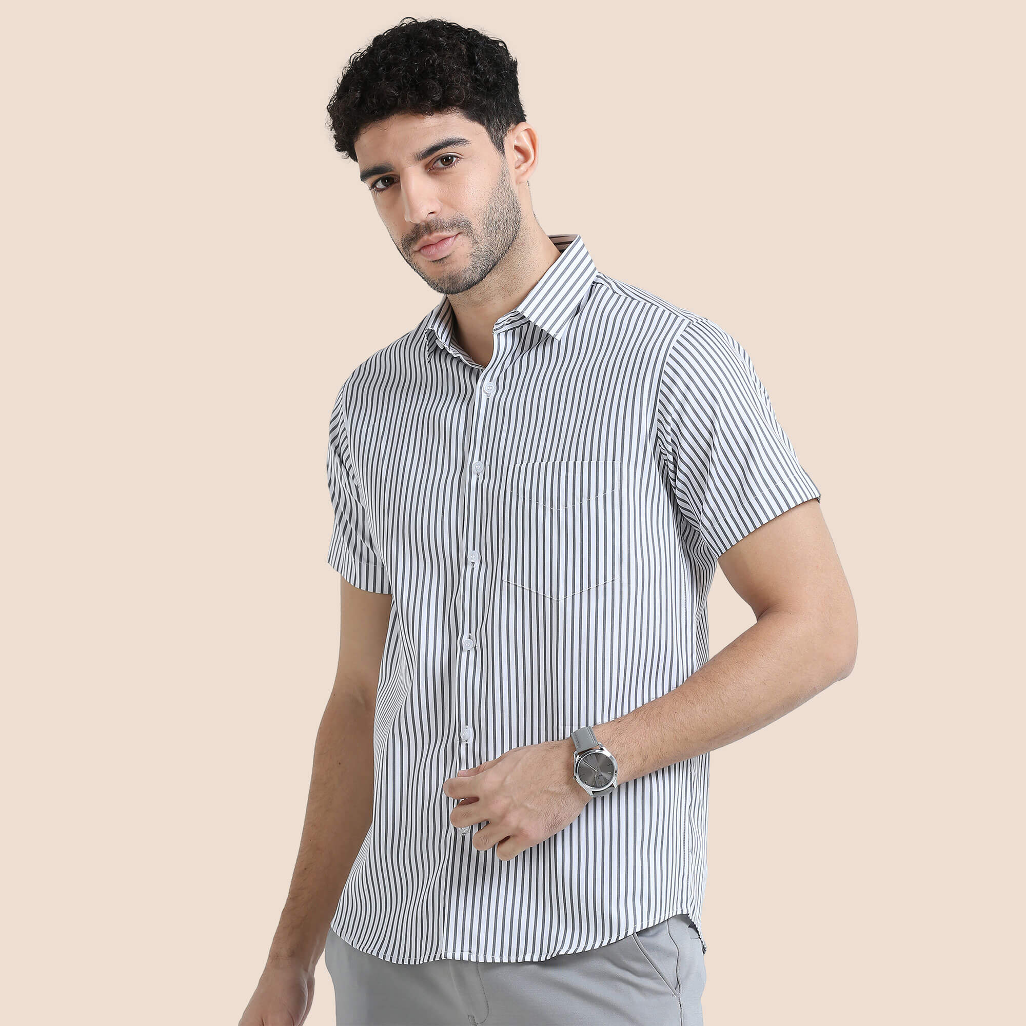 Ashley Half Sleeve Shirt In Skyline Grey Stripes