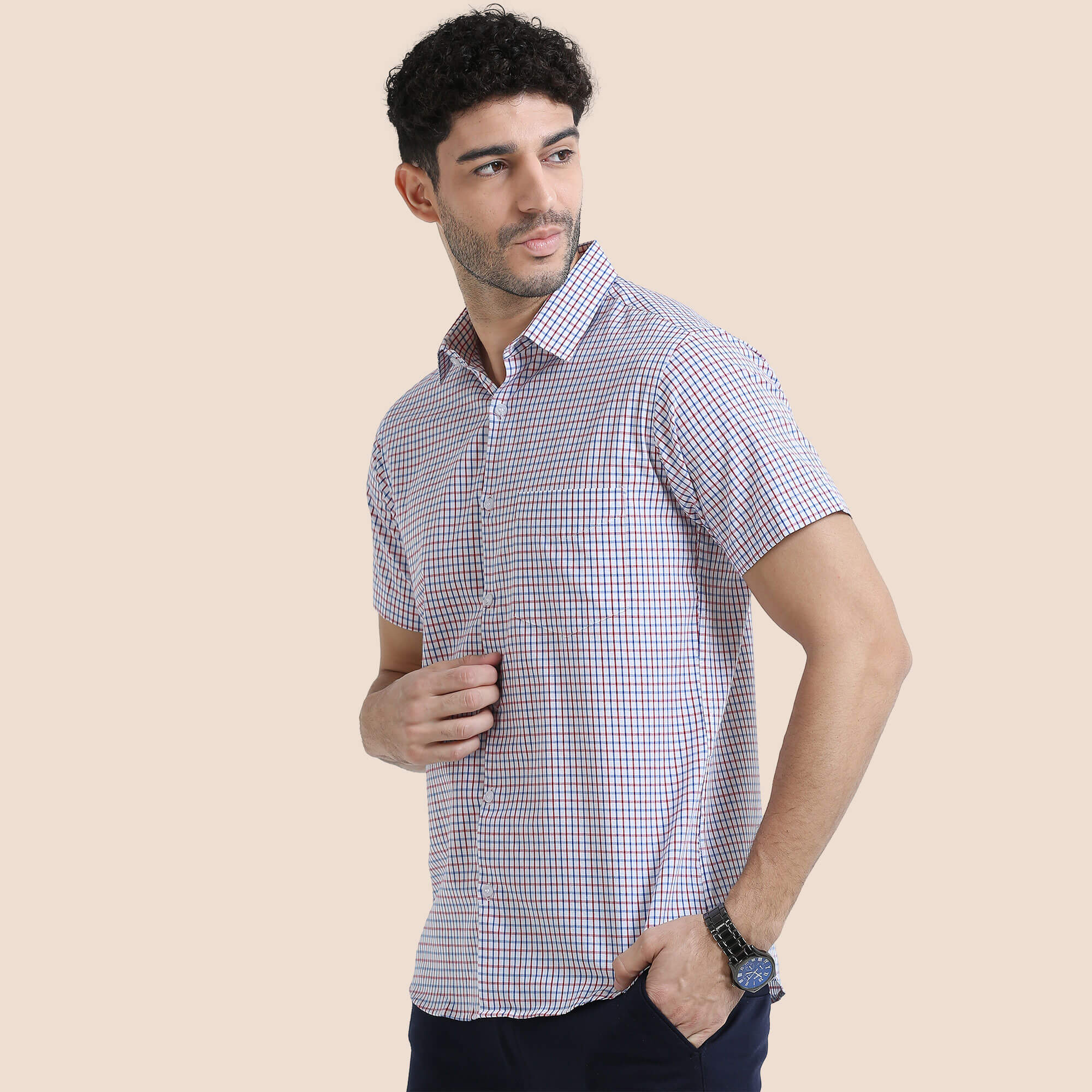 Ashley Half Sleeve Check Shirt In Zephyr Red/Blue