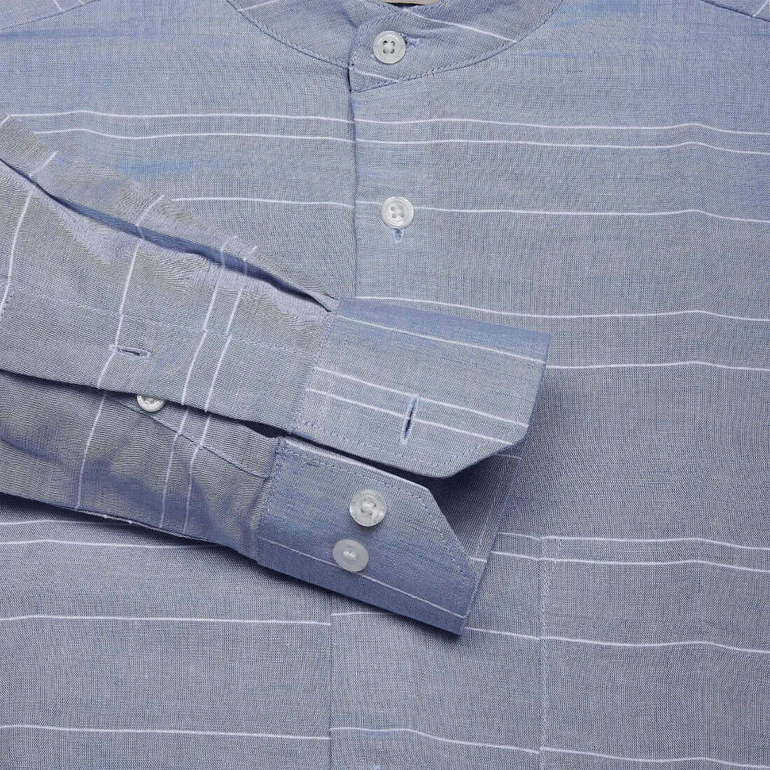 Skyline Stripes Mandarin Shirt In Navy Blue