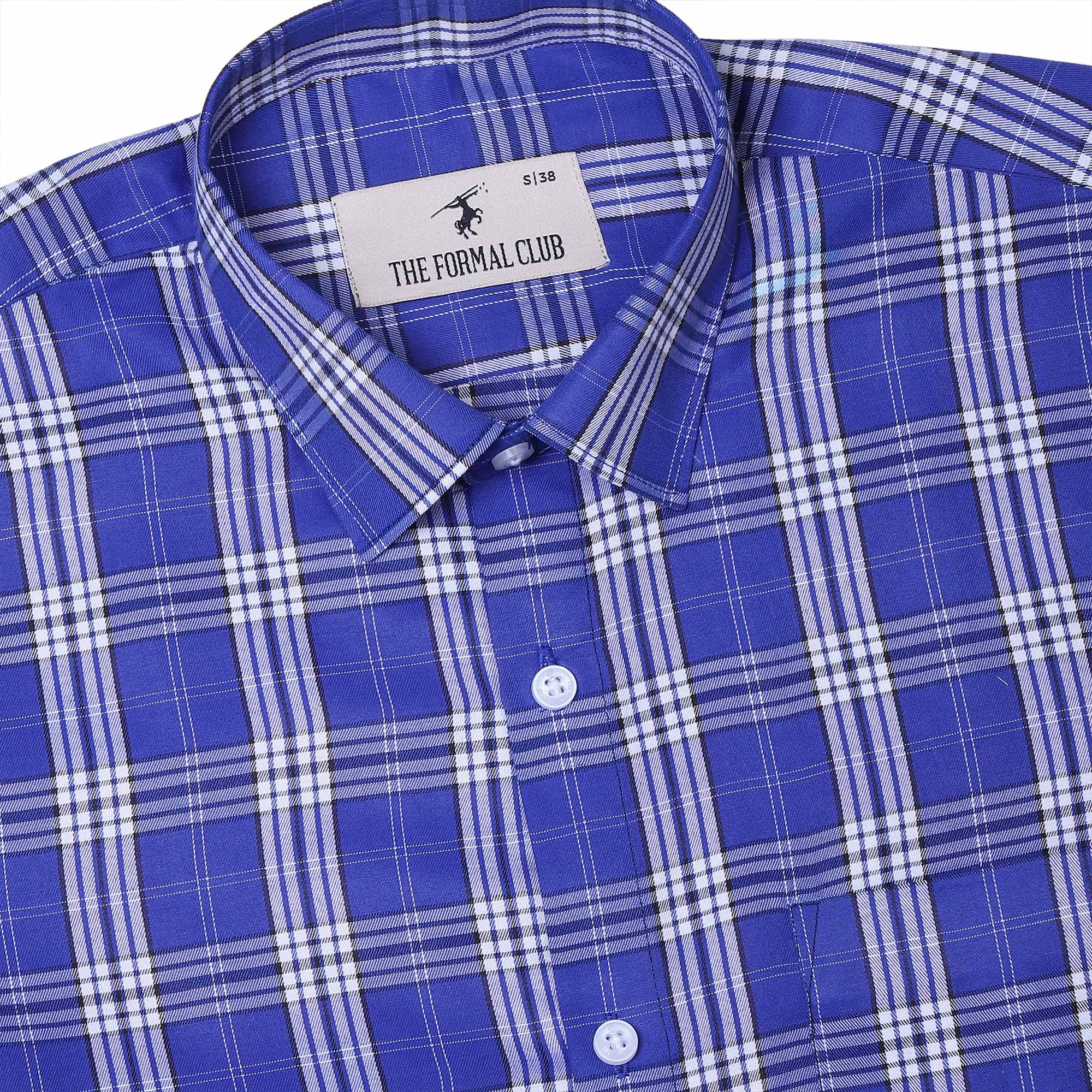 Vento Twill Check Shirt in Royal Blue & White - The Formal Club