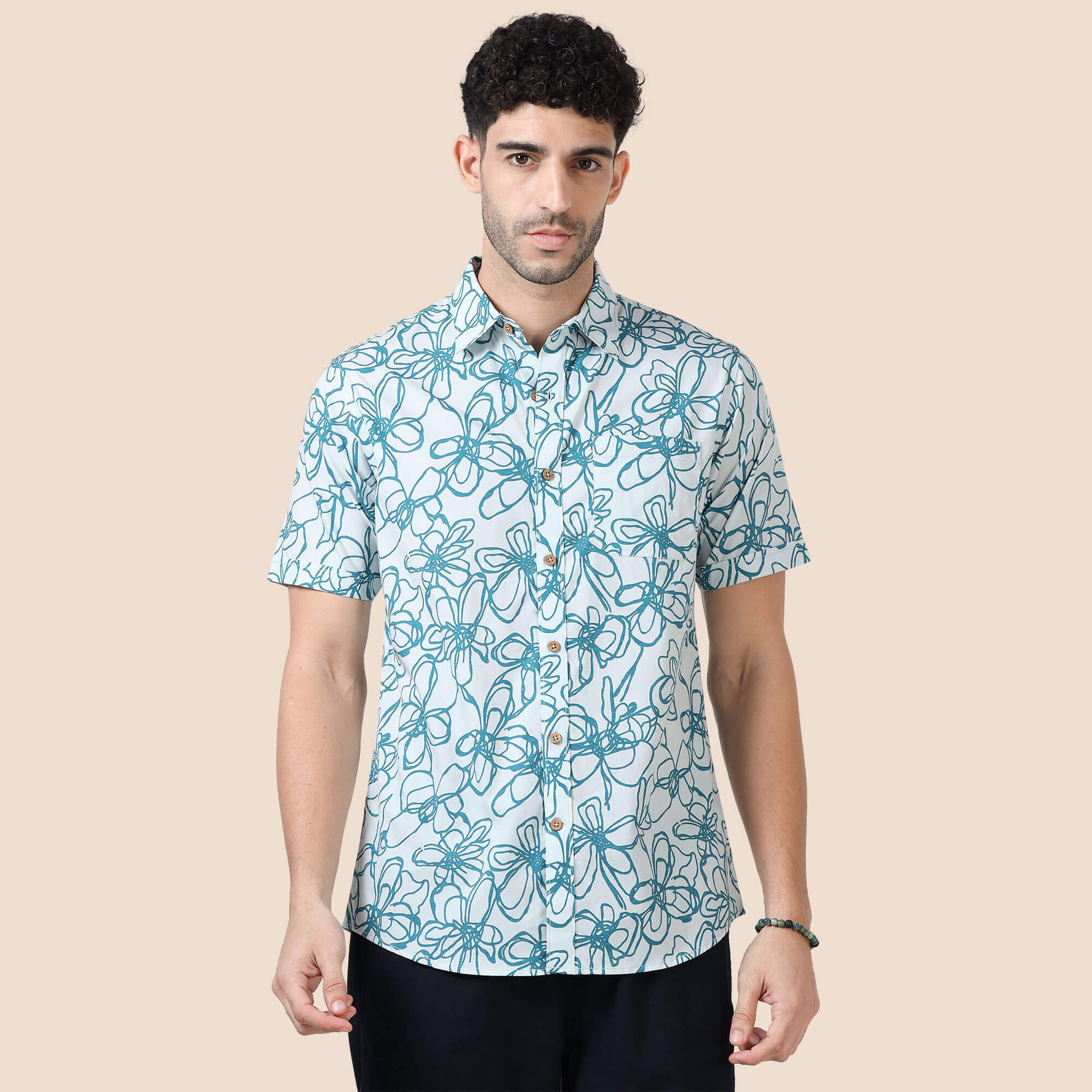 Ashley Cotton Half Sleeves Shirt In Teal Floral Print