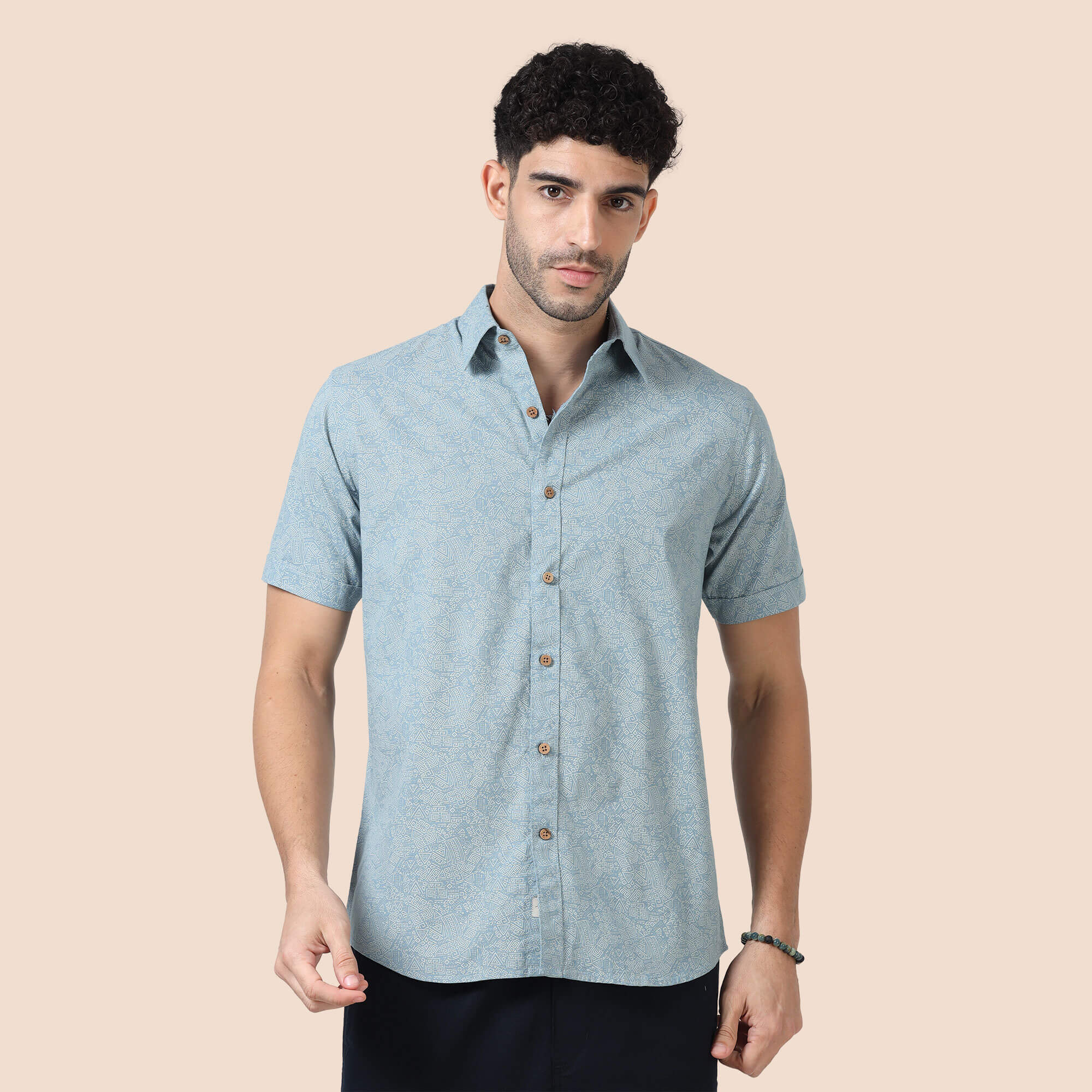 Breeze Linen Shirt In Teal Abstract Print