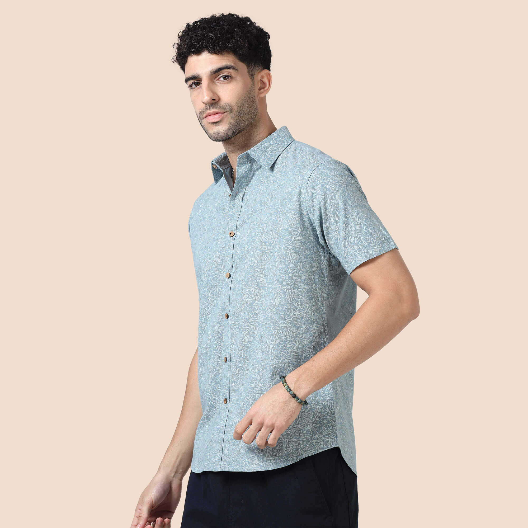 Breeze Linen Shirt In Teal Abstract Print