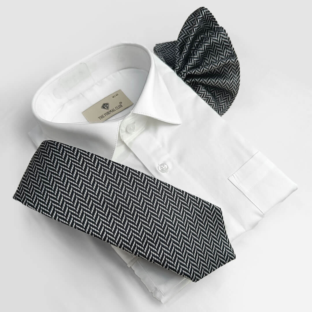 Chevron Handmade Tie & Pocket Square in Black & Grey