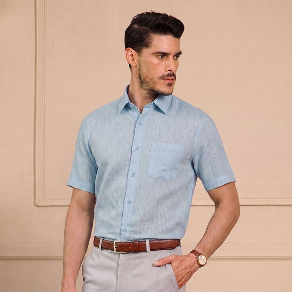 Cedar Pure Linen Half Sleeves Shirt In Cloud Blue