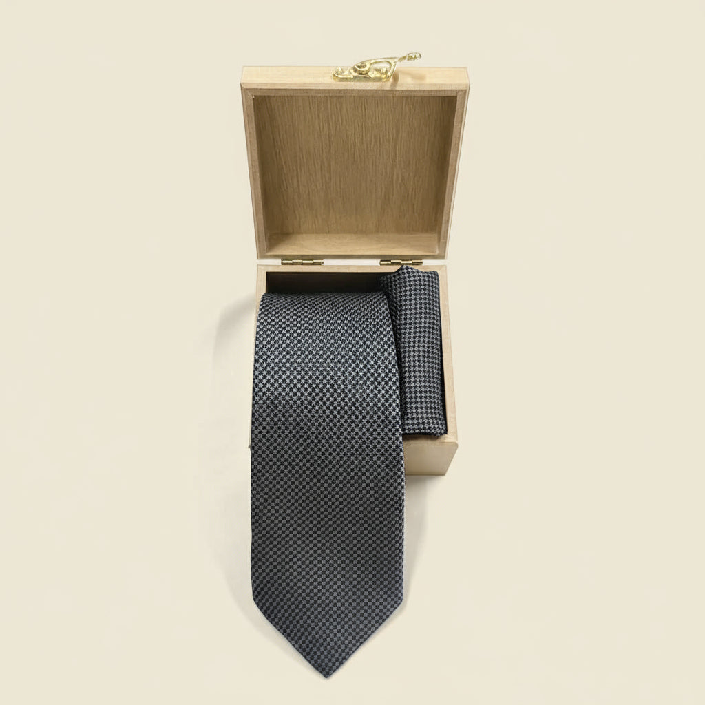 Clover textured handmade tie and pocket square set in Smoky Grey & Black