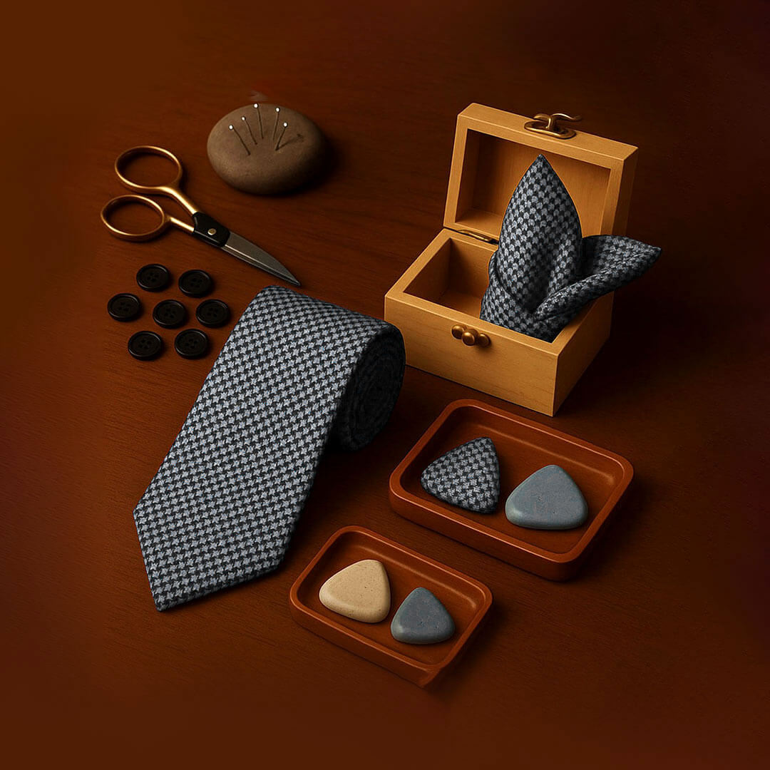Clover textured handmade tie and pocket square set in Smoky Grey & Black