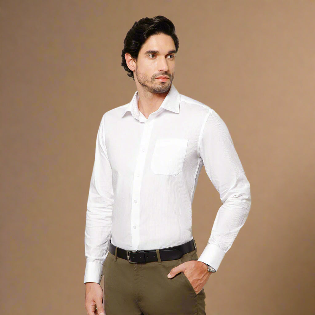 Crest Self Stripe 2 Ply French Cuff Giza Shirt in Cloud White
