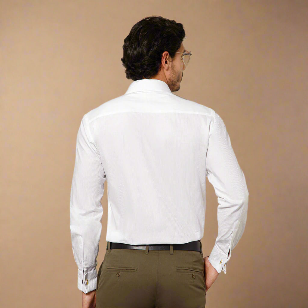 Crest Self Stripe 2 Ply French Cuff Giza Shirt in Cloud White
