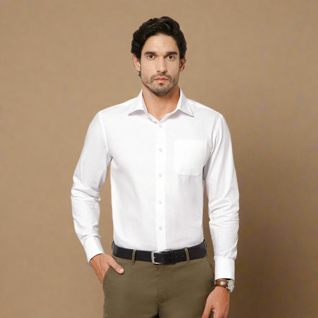 Crest Self Stripe 2 Ply French Cuff Giza Shirt in Cloud White