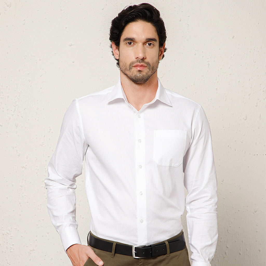 Crest Self Stripe French Cuff Giza Shirt in Cloud White