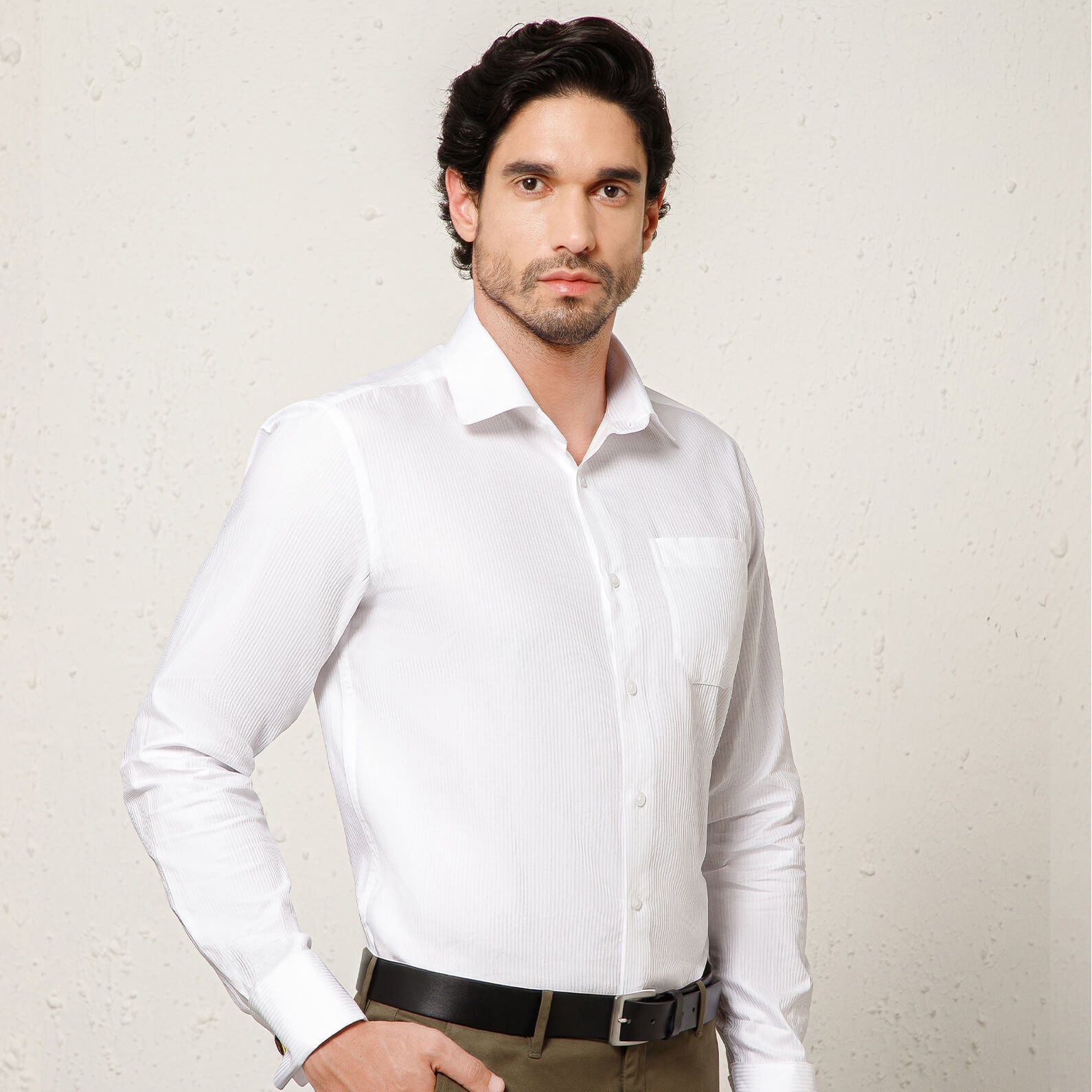 Crest Self Stripe French Cuff Giza Shirt in Cloud White