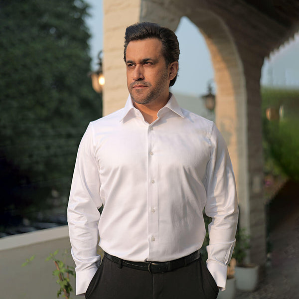 Diamond Dobby 2 Ply Cotton Shirt in Cloud White