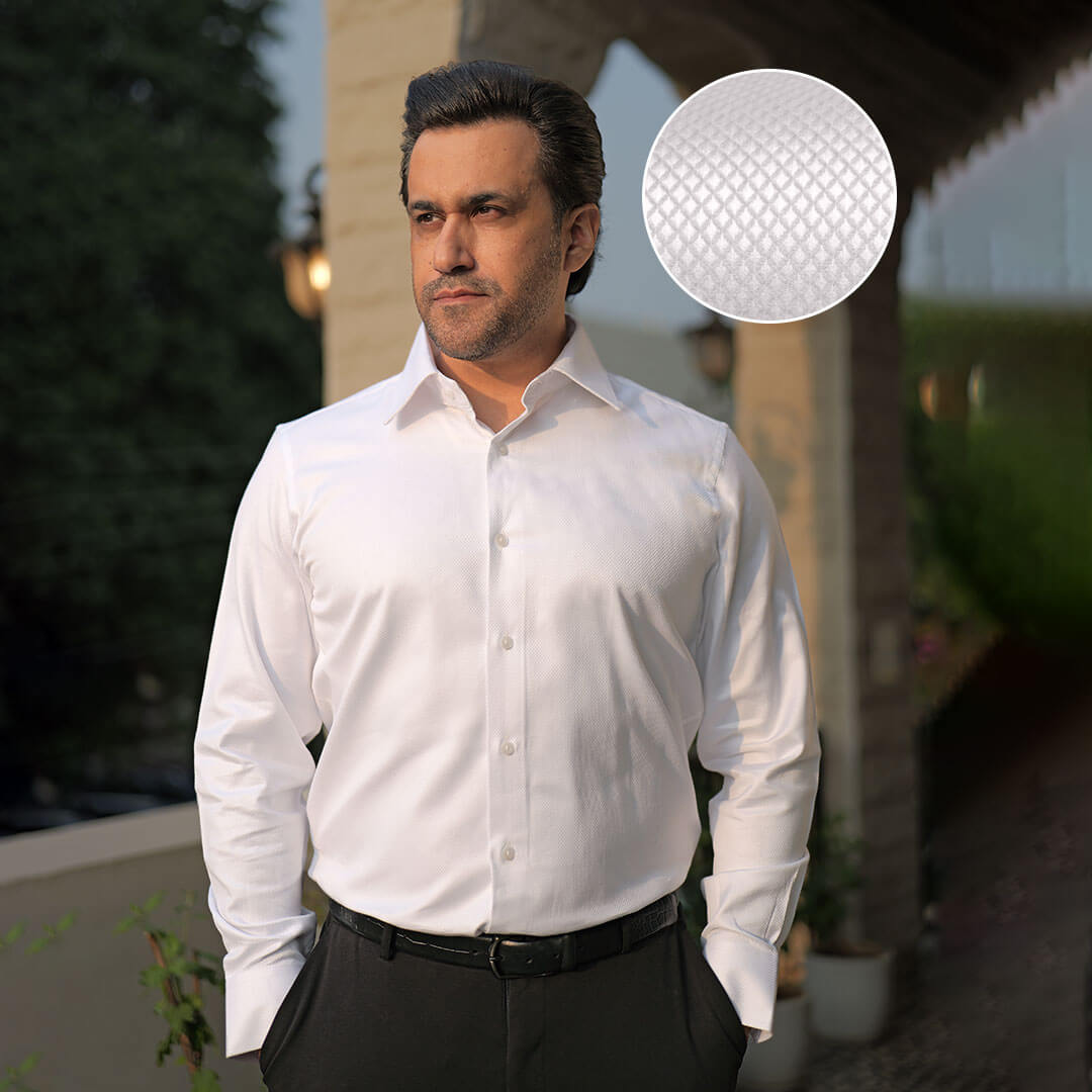 Diamond Dobby 2 Ply Cotton Shirt in Cloud White