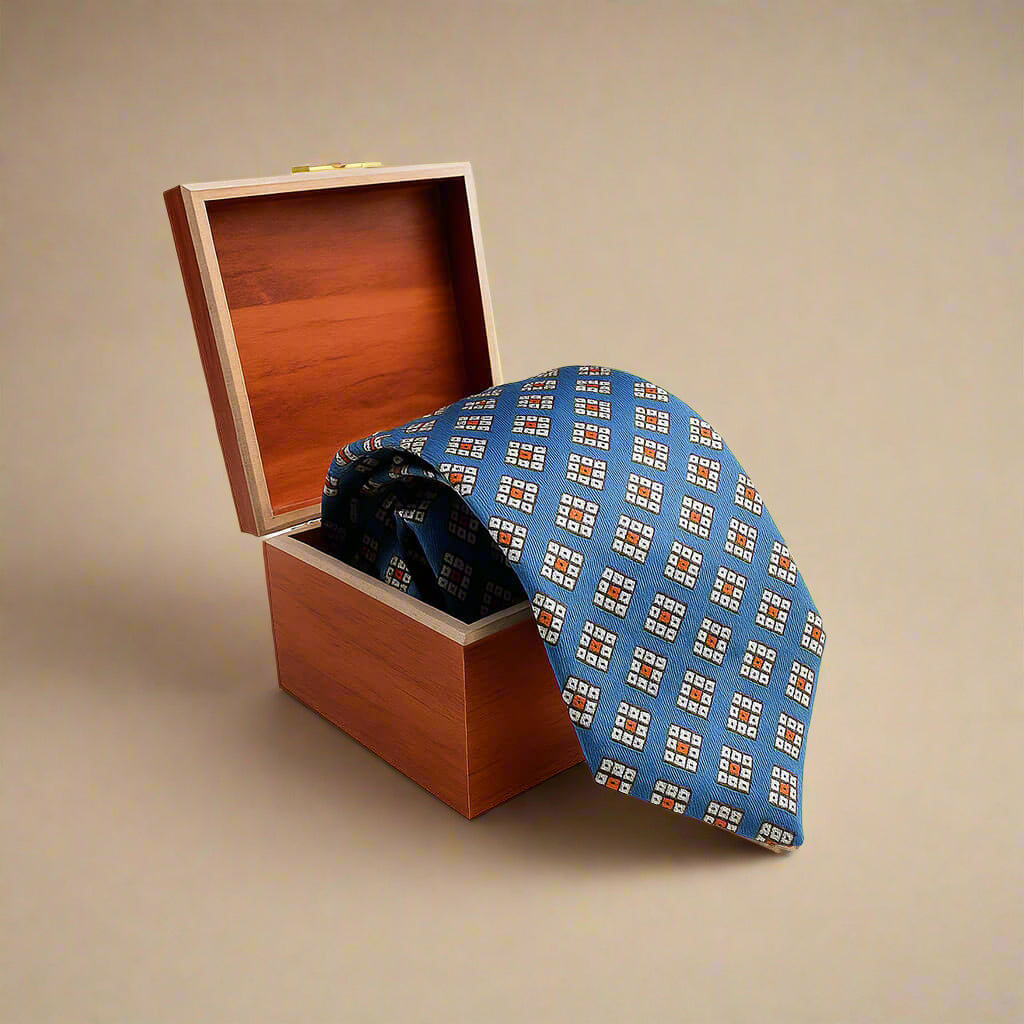 Diamond Squares Handmade Tie & Pocket Square in Sky & Ivory