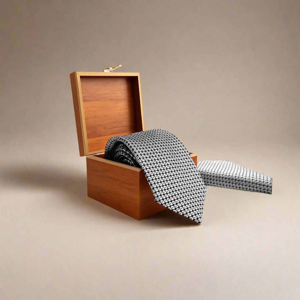 Windsor Geometric Handmade Tie & Pocket Square in Black & Silver