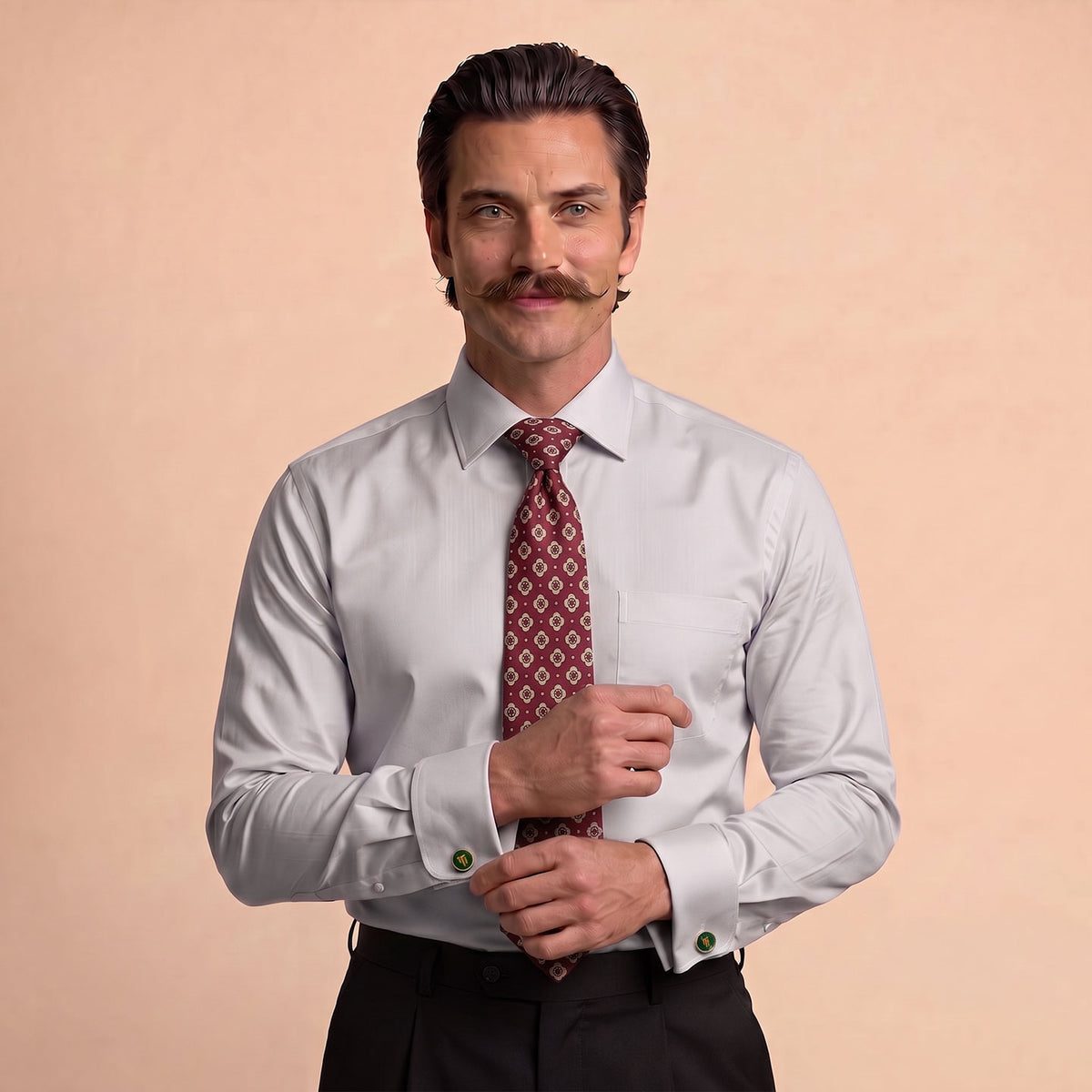 Premium Best-Seller French Cuff Giza Shirt In Pewter & Red/Ecru Tie Combo