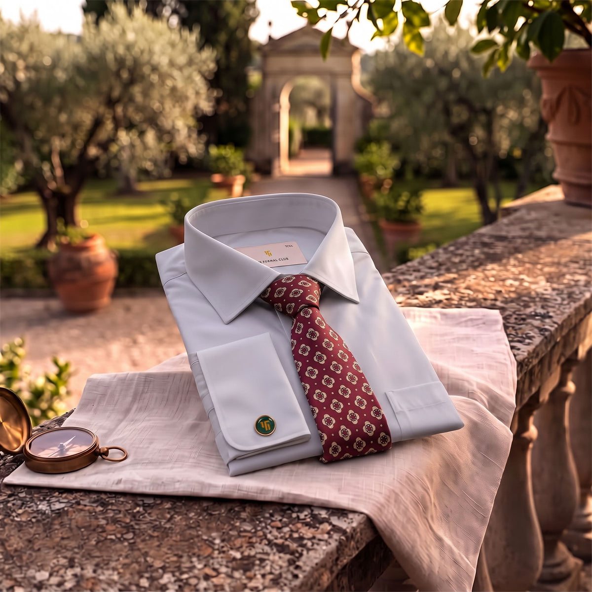 Premium Best-Seller French Cuff Giza Shirt In Pewter & Red/Ecru Tie Combo