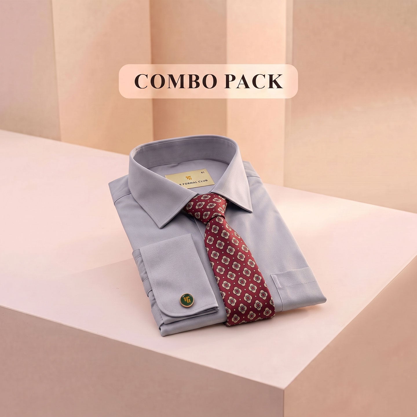 Premium Best-Seller French Cuff Giza Shirt In Pewter & Red/Ecru Tie Combo