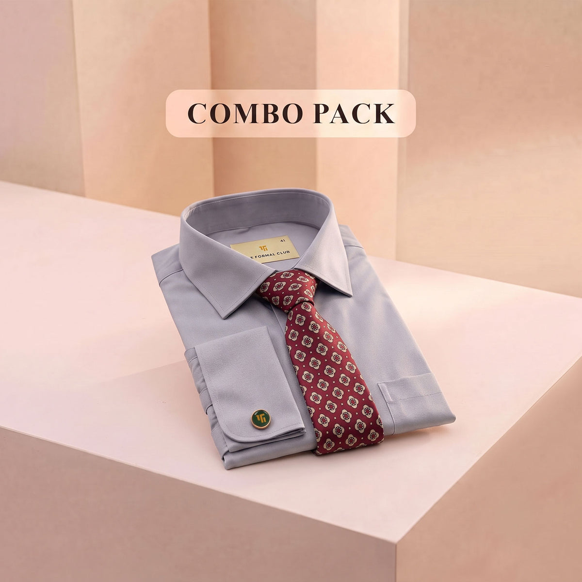 Premium Best-Seller French Cuff Giza Shirt In Pewter & Red/Ecru Tie Combo