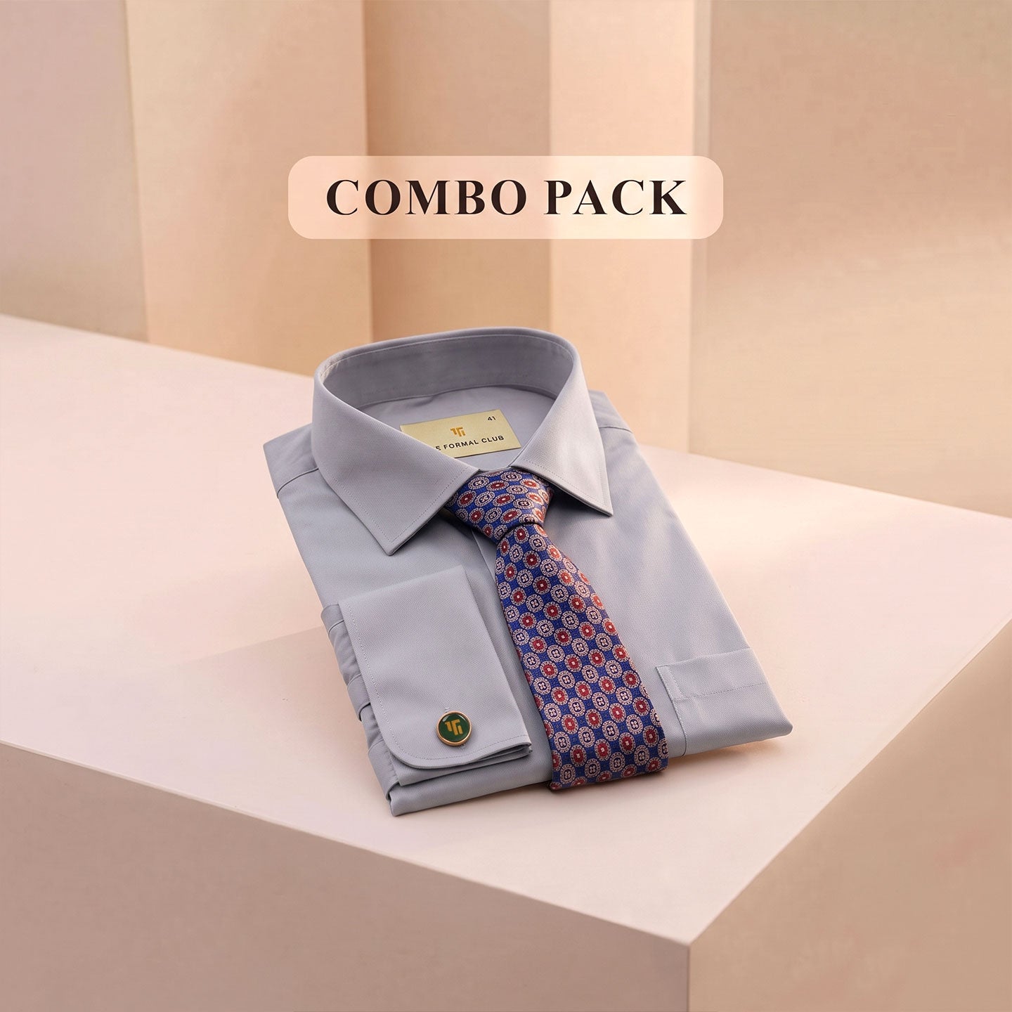 Premium Best-Seller French Cuff Giza Shirt In Pewter & Cobalt/Wine Tie Combo