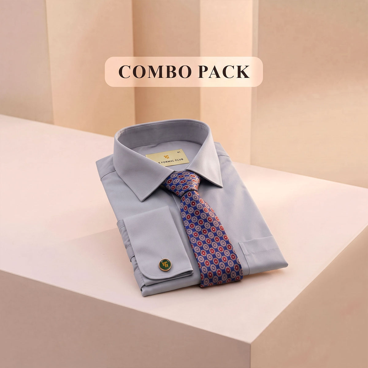 Premium Best-Seller French Cuff Giza Shirt In Pewter & Cobalt/Wine Tie Combo