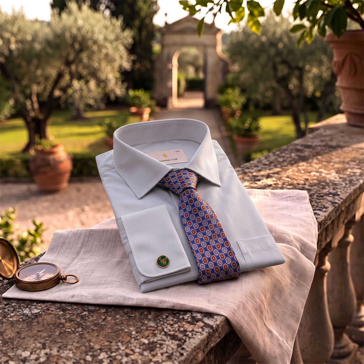 Premium Best-Seller French Cuff Giza Shirt In Pewter & Cobalt/Wine Tie Combo