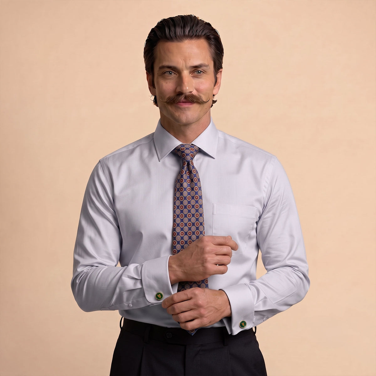 Premium Best-Seller French Cuff Giza Shirt In Pewter & Cobalt/Wine Tie Combo